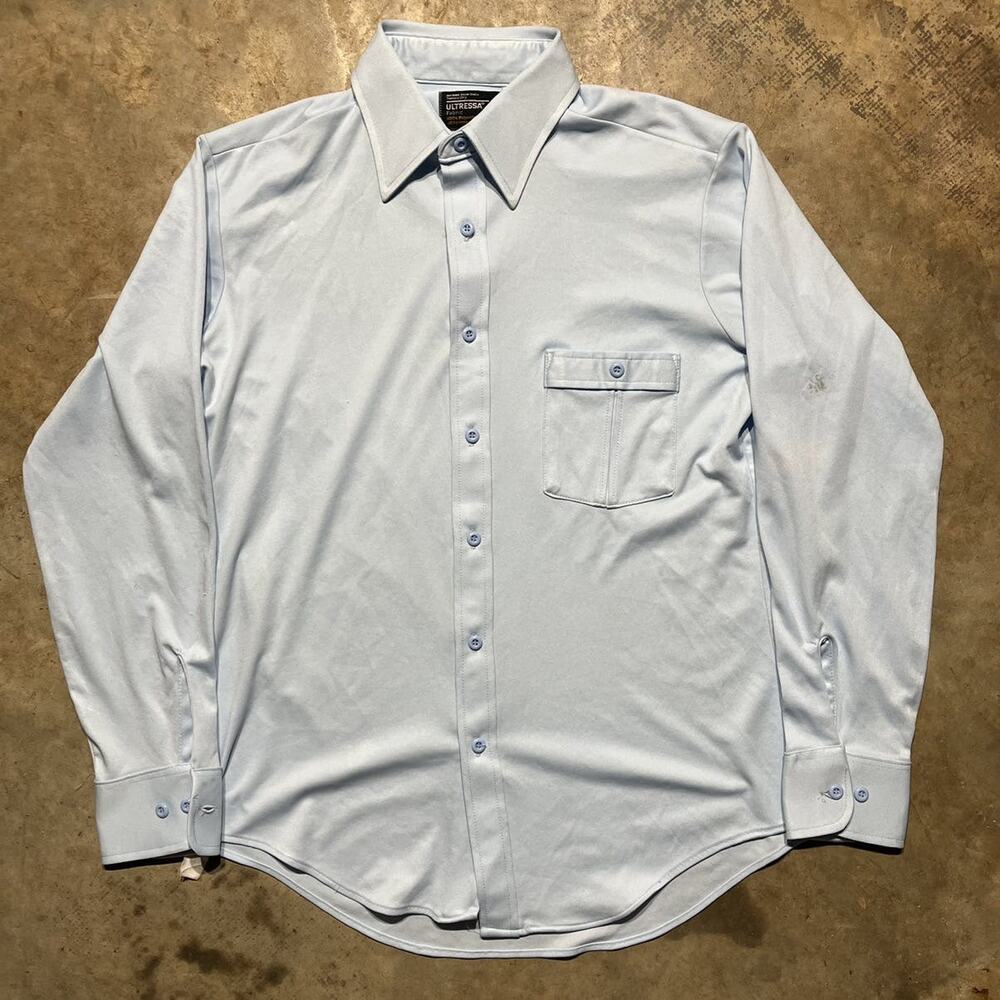 Vintage 70s JCPenney Blue Ultressa Fabric Disco Shirt
